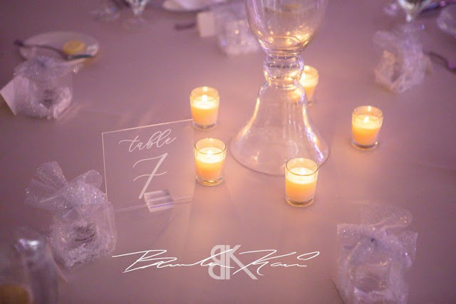 acrylic table numbers with glass votives on reception tables