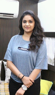 Keerthy Suresh in Blue T-Shirt with Cute and Lovely Smile with a Lucky Fan