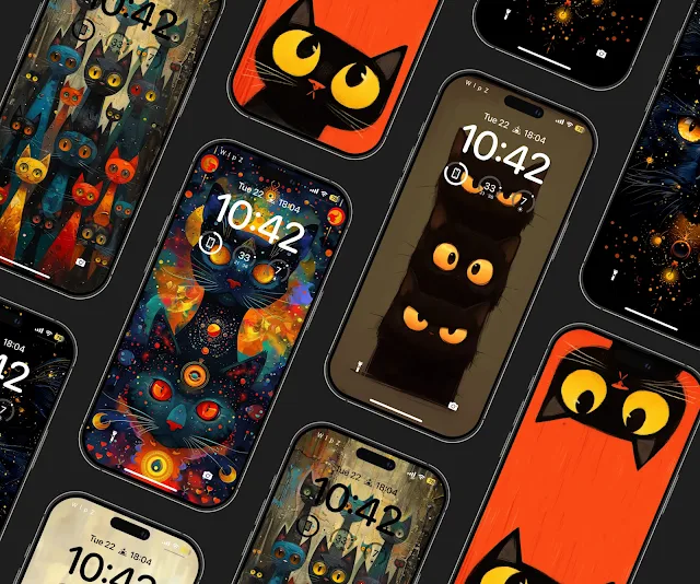 A collection of quirky and colorful cat-themed wallpapers for mobile devices, featuring various artistic styles and vibrant illustrations.