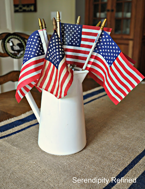 Quick Easy DIY 4th of July Patriotic No Sew Grain sack Stripe Stenciled Burlap Table Runner by Serendipity Refined