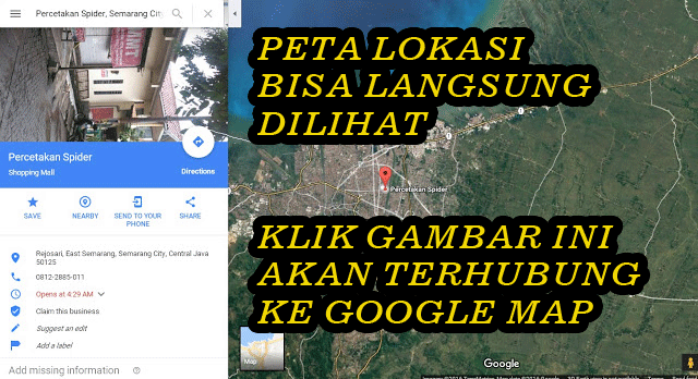  https://www.google.com/maps/place/Percetakan+Spider+Pancakarya/@-6.9847175,110.4377568,19z/data=!4m13!1m7!3m6!1s0x2e708cb32d79c68f:0xaa810d4e80cedb17!2sJl.+Pancakarya+Raya,+Rejosari,+Kec.+Semarang+Tim.,+Kota+Semarang,+Jawa+Tengah+50125!3b1!8m2!3d-6.9843687!4d110.4382611!3m4!1s0x2e708cb000509ddf:0x7914243371f58c35!8m2!3d-6.984699!4d110.4382811