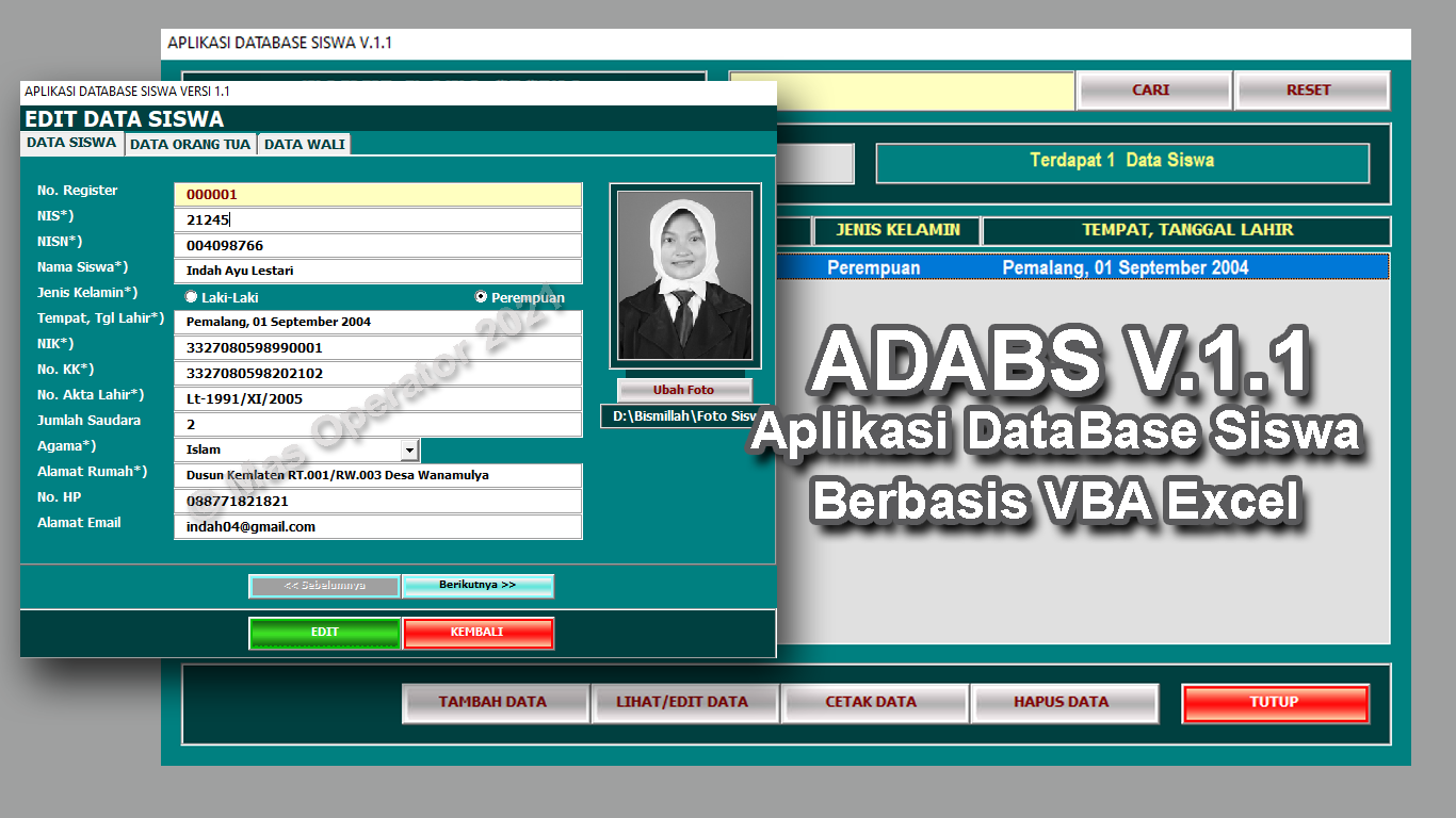 Aplikasi DataBase Siswa Berbasis Excel : ADABS Versi 1.1