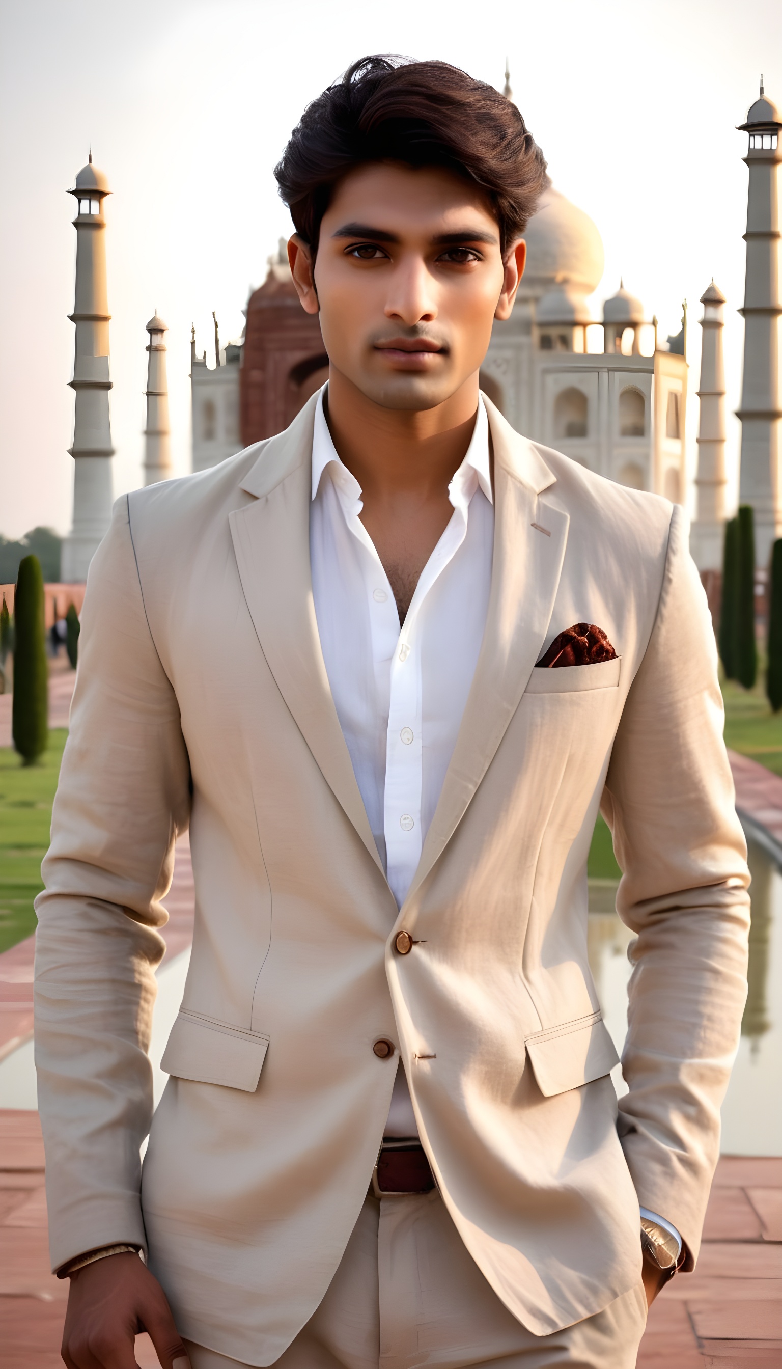 young handsome Indian man dressed in A lightweight linen or cotton blazer in a neutral color like beige or light gray