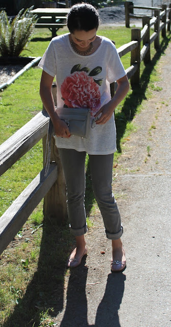 J.Crew Peony Linen Tee, Grey 7 For All Mankind Jeans, Rebecca Minkoff Mini MAC in Soft Grey, Valentino Balet Flats, Vintage Necklace, Essie Nail Polish in Plumberry