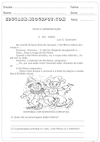 Interpretação de texto sobre o carnaval atividade 1