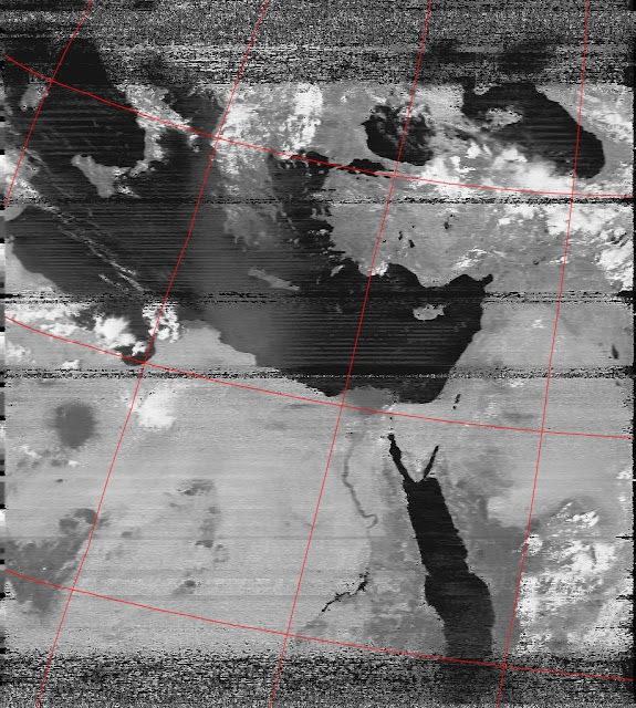 Improved contrast of NOAA 19 APT image. Received using RTL dongle, SDR# and WXtoImg.
