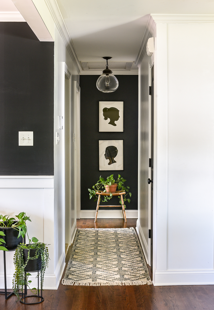vintage modern, high-contrast hallway