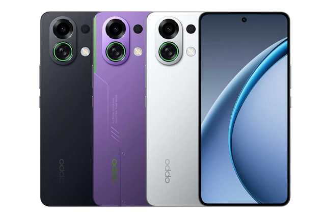The OPPO K13 Turbo in three different colors — from left to right: Black Warrior, Purple No. 1, Knight White.
