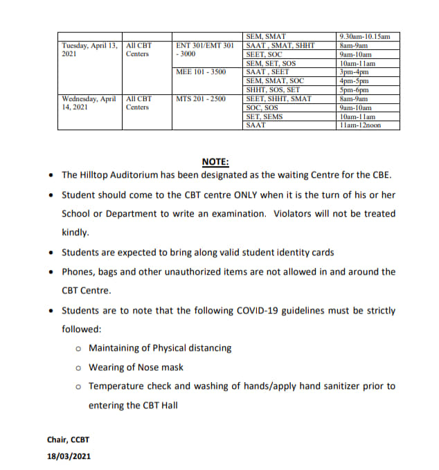 FUTA CBE Final Exam Timetable for 1st Semester 2019/2020