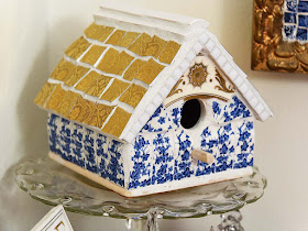 Mosaic birdhouse blue white gold