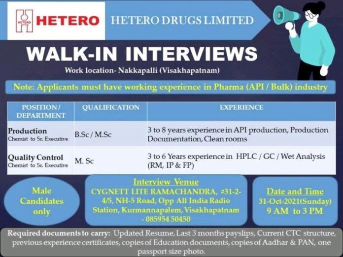 Job Availables,Hetero Drugs Limited Walk-In-Interviews For BSc/ MSc