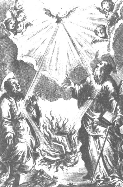 Imagen 172B | Esta ilustración de 1711 para el Index Librorum Prohibitorum muestra al Espíritu Santo suministrando el fuego ardiente del libro. | Autor desconocido / dominio público