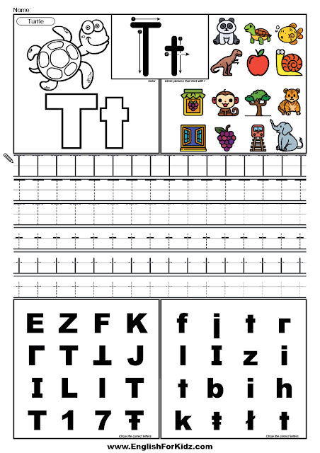 ABC learning worksheet, letter T tracing