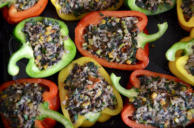 LENTIL, RICE AND KALE STUFFED PEPPERS WITH TOMATO SAUCE