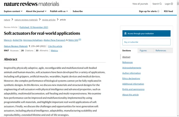 In this Review, we discuss new materials and structural designs for the engineering of soft actuators with physical intelligence and advanced properties, such as adaptability, multimodal locomotion, self-healing and multi-responsiveness.