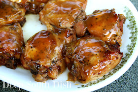 Chicken thighs, simply seasoned and slow cooked in the crockpot with a mixture of pineapple juice, brown sugar and soy sauce, that is thickened and brushed on as a finishing glaze.