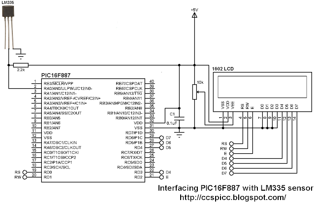 PIC16F887 microcontroller + LM335 temperature sensor device circuit diagram