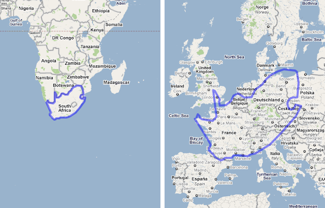 Google Maps Europe. South Africa vs Europe