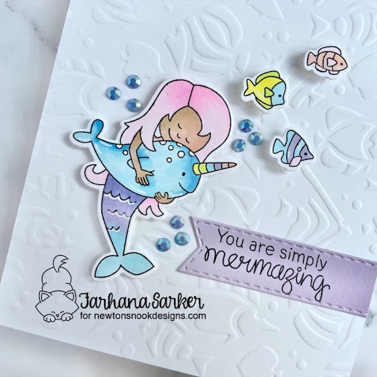 Mermaid Card by Farhana Sarker | Narly Mermaids Stamp Set, Tropical Fish Stencil and Banner Trio Die Set by Newton's Nook Designs #newtonsnook