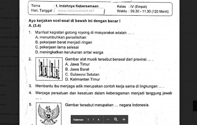 Download soal ulangan selesai semester atau PAS semester  Soal Ulangan Kelas 4 Tema 1 Indahnya Kebersamaan