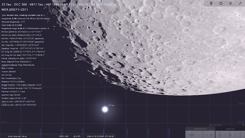 Небесные объекты в ночь с 20 на 21 января 2024. Created with Stellarium