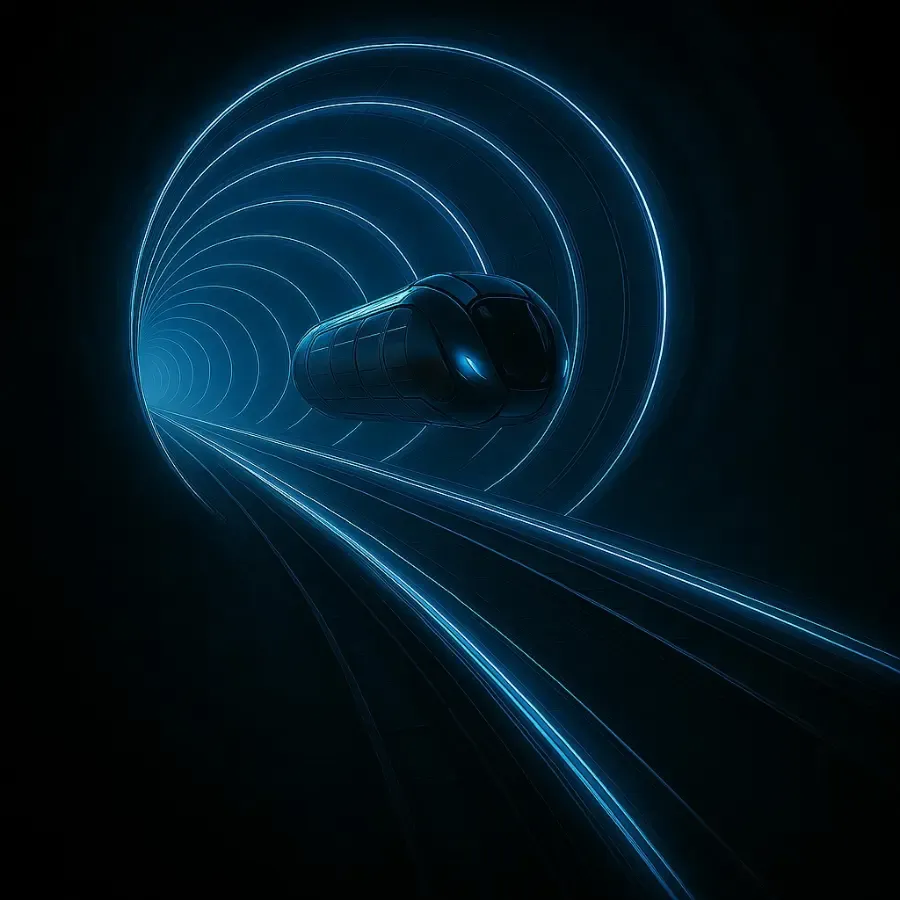"A futuristic high-speed train traveling inside a glowing blue underground tunnel