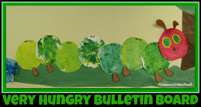 Individual circles of 'open-ended' paint exploration converted into Very Hungry Caterpillar Bulletin Board (via RainbowsWithinReach) 