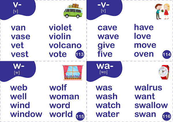 Phonics flashcards - consonant sound v and w