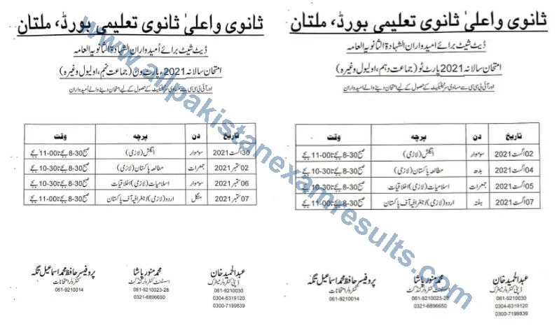 Date Sheet 2021 Exam Shahadat Al Sanvia Al Aama Multan Board