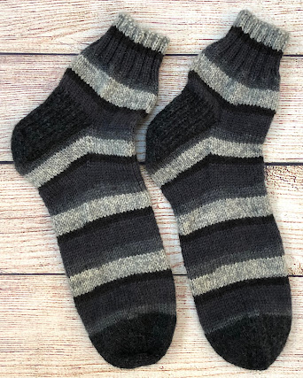Top-down vanilla socks knitted with Patons Kroy Eclipse Stripes and Gentry Grey