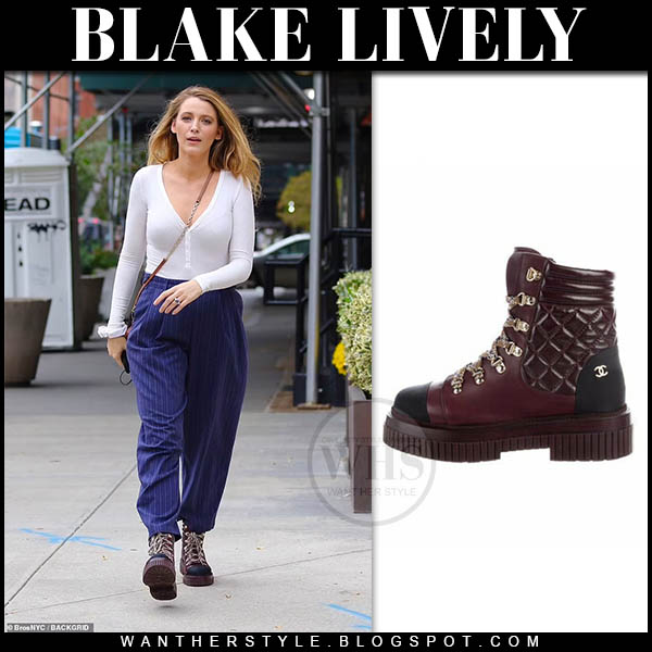 Blake Lively in white top, blue pants and burgundy boots