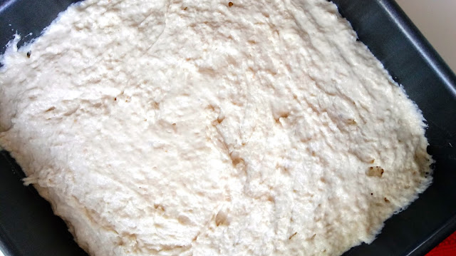 unbaked Sourdough Beer Bread dough sitting in a 9 x 9 inch baking pan