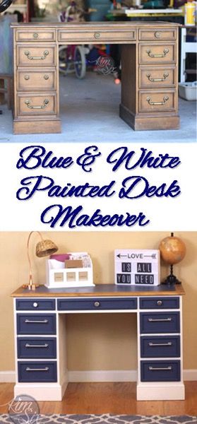 blue and white desk makeover