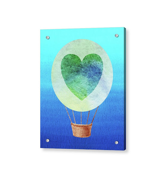 Green Blue Heart Hot Air Balloon Watercolor by artist Irina Sztukowski 