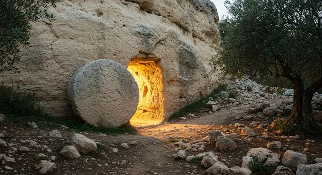 The tomb of Jesus has been opened, and a radiant light is shining from within.