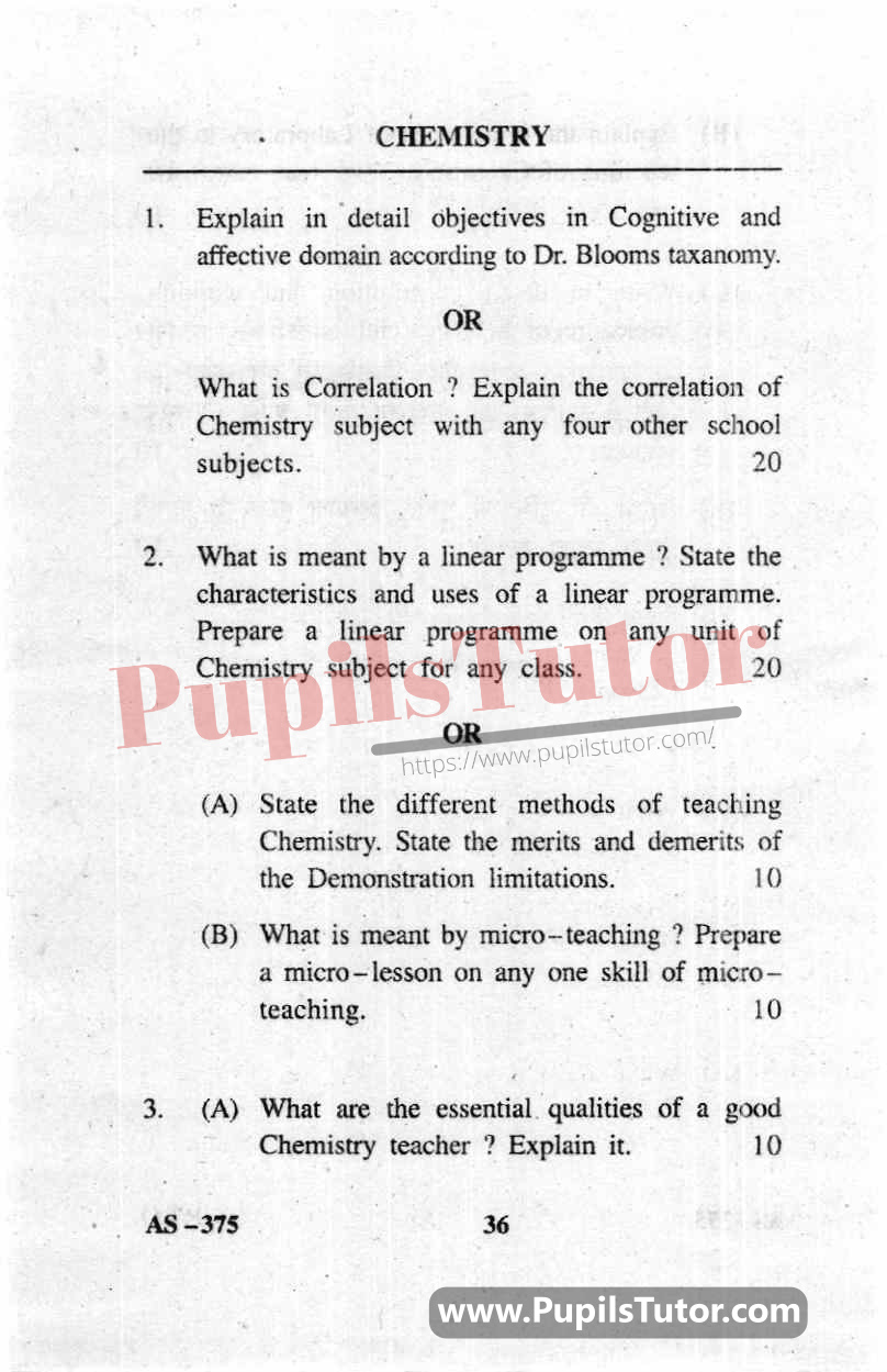 Pedagogy Of Chemistry Question Paper In English