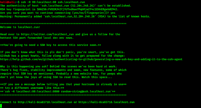 port forwarding using SSH localhost.run method