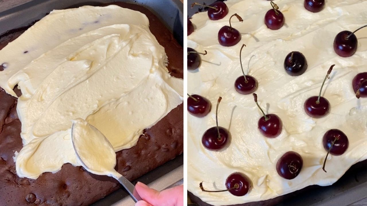 Simple recipe for baking a black forest cherry tray bake sponge. Easy recipe for beginners, perfect for winter and Christmas party desserts