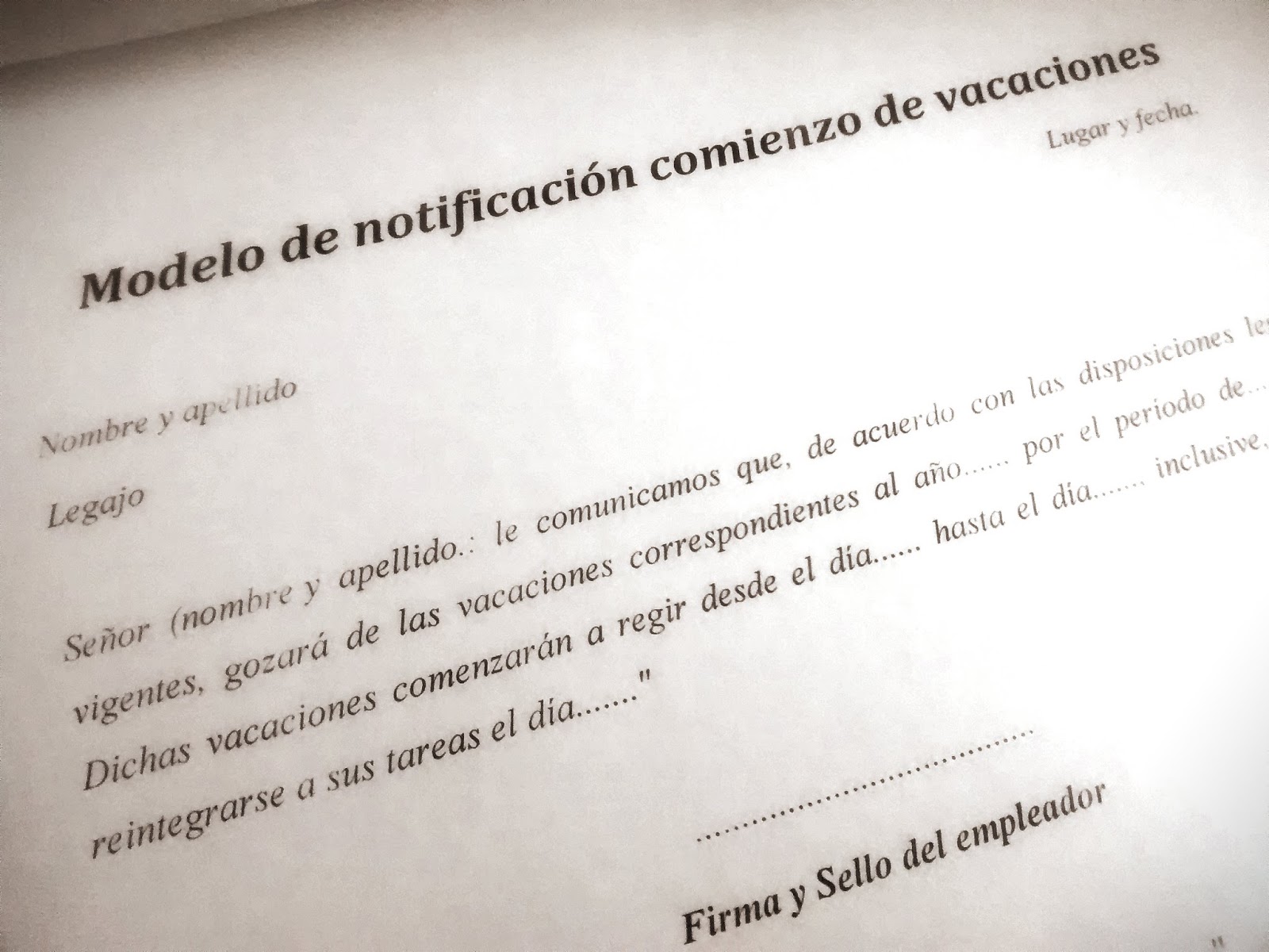 Modelo de notificación de comienzo de vacaciones