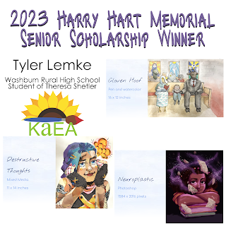Tyler Lemke 2023 scholarship winner with pictures of 3 artworks
