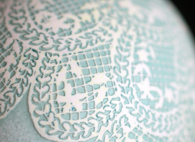 Batik Egg Art Geometric Lace Design in White and Robin's Egg blue by Katy David