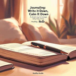 Cozy setting with a notebook and pen encouraging journaling as a simple practice for mindfulness and stress management.