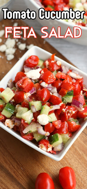 Tomato Cucumber Feta Salad in a white square bowl with recipe title text overlay.