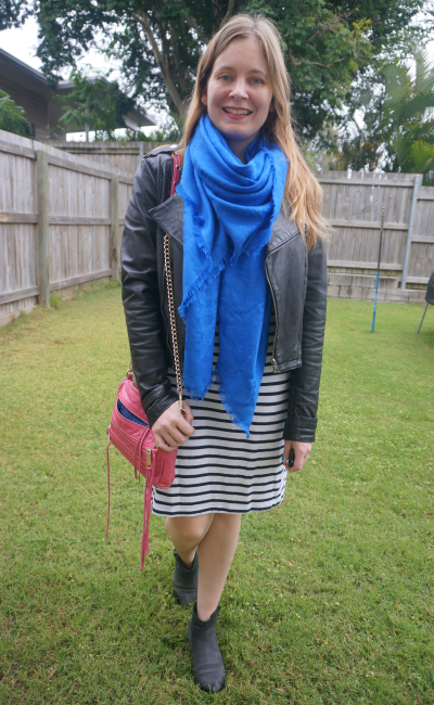 Away From Blue, Aussie Mum Style, Away From The Blue Jeans Rut: Navy  Striped Dresses, Scarves and Ankle Boots With Pink Bag