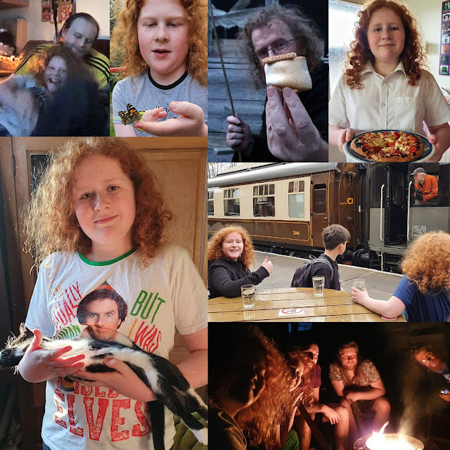 Collage of 8 photos of my family smiling - messing about on the sofa, with a proud bake, with the kitten, and bonfires in the garden