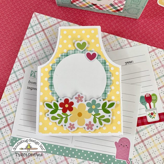 Apron shaped mini album with hearts, flowers, and a cute polka dot