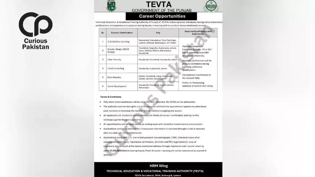 TEVTA Punjab Announces New Teaching Positions Jobs Or Career Opportunities In Pakistan 2024 by Curious Pakistanpng