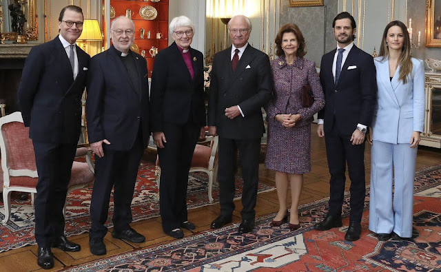 King Carl Gustaf, Queen Silvia, Prince Daniel and Prince Carl Philip. Princess Sofia wore a sky blue suit, blazer and trousers, by H&M