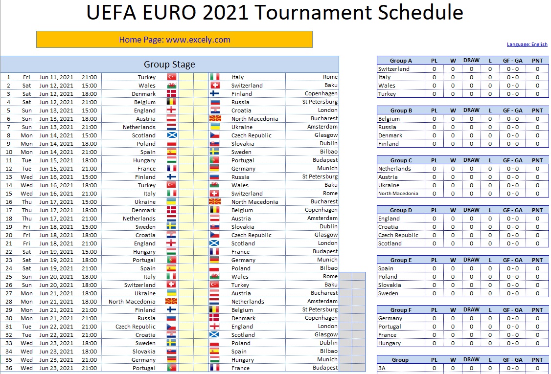 Uefa Euro 21 Finals Spreadsheet Excel Schedule Idezia