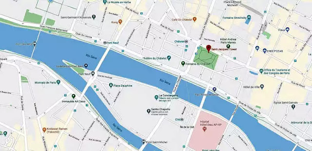 Mapa de ubicación de la Torre de Saint-Jacques en París